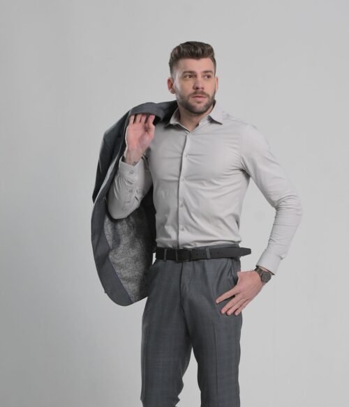 Camisa Slim algodão c/ elastano cinza - Imagem 3
