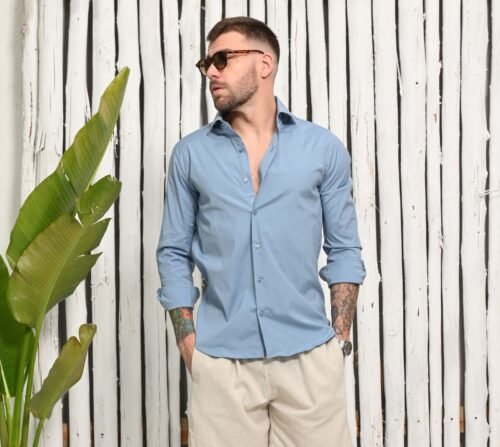 Camisa Slim  Algodão c/ Elastano Azul