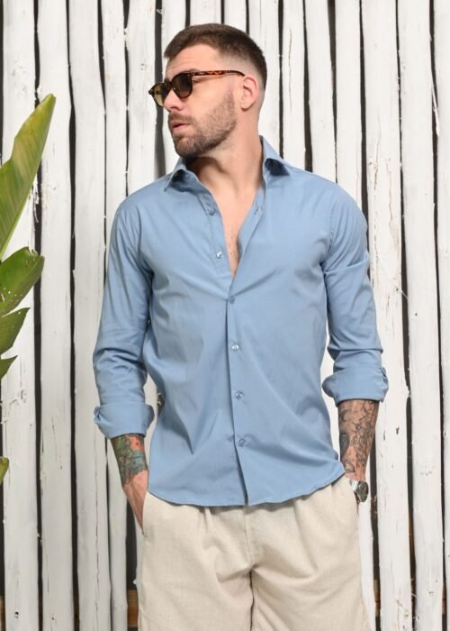 Camisa Slim  Algodão c/ Elastano Azul