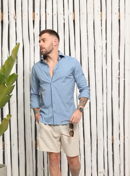 Camisa Slim  Algodão c/ Elastano Azul - Imagem 2