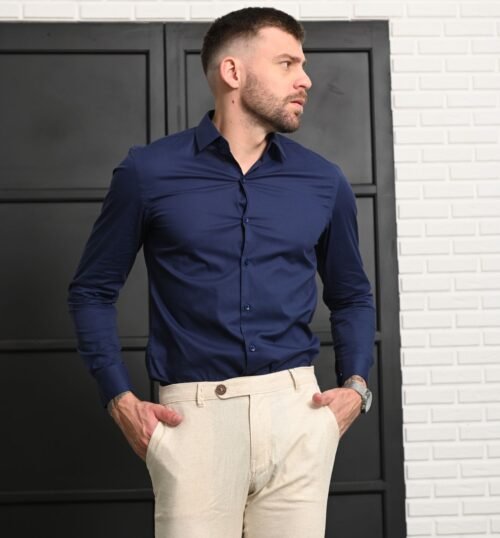 Camisa marinho algodão elastano slim fit