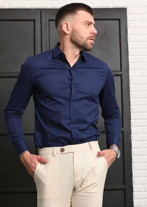 Camisa marinho algodão elastano slim fit