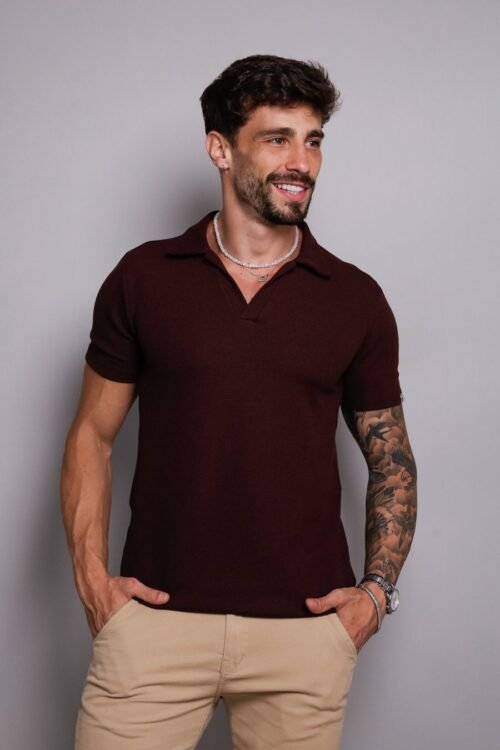 Polo Marrom Texturizada algodão